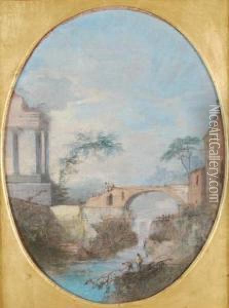 Capriccio With Elegant Figuresbefore A Waterfall Figures Crossing A Bridge Oil Painting - Maria Luigia Raggi