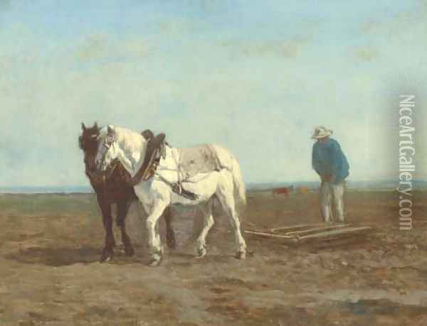 Deux chevaux atteles à une herse, conduits par un paysan Oil Painting - Constant Troyon