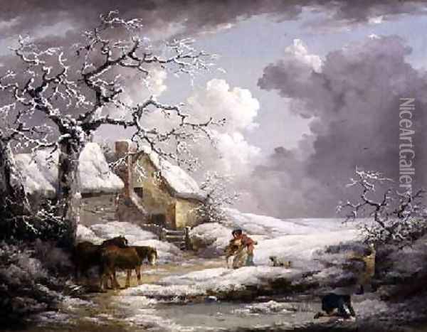 Winter Landscape with Men Snowballing an Old Woman 1790 Oil Painting - George Morland