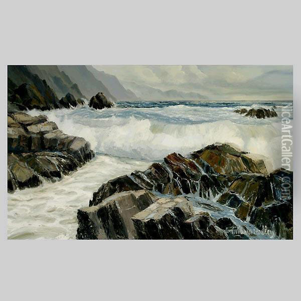 Waves Cashing On The Shore. Oil Painting - William H. Hadley