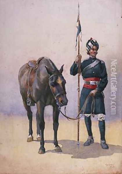 Soldier of the 19th Lancers Fanes Horse Punjabi Musalman Oil Painting - Alfred Crowdy Lovett