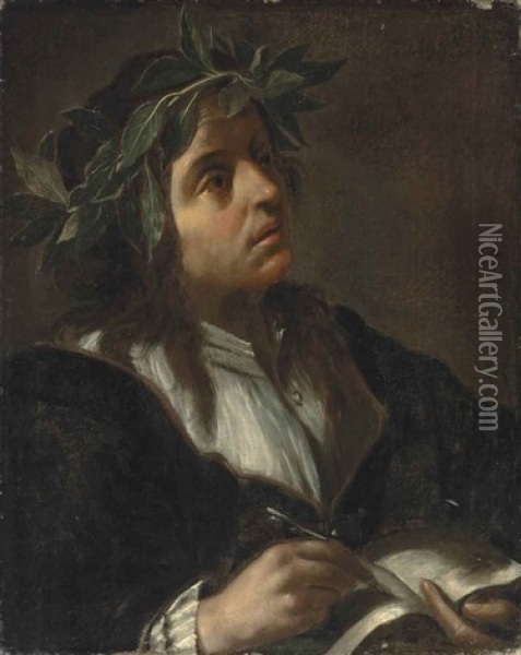 Portrait Of A Poet, Bust-length, With A Laurel Wreath, Holding A Book And A Quill Oil Painting - Francesco del Cairo