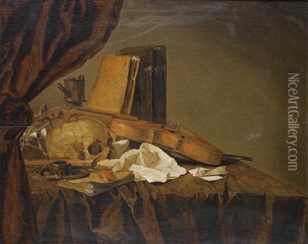 A Vanitas With A Skull, Musical Instruments, Books, A Letter And Playing Cards On A Table Top Oil Painting - Jacques Grief De Claeuw