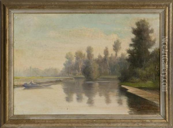 Calm Water Scene With Person In Row
Boat. Oil Painting - Jules-Charles Aviat