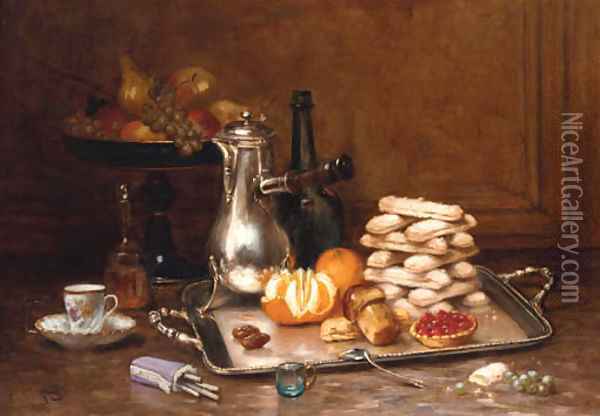 A coffee-pot, a peeled orange, a stack of meringues and a fruit tart on a silver tray Oil Painting - Desire Alfred Magne