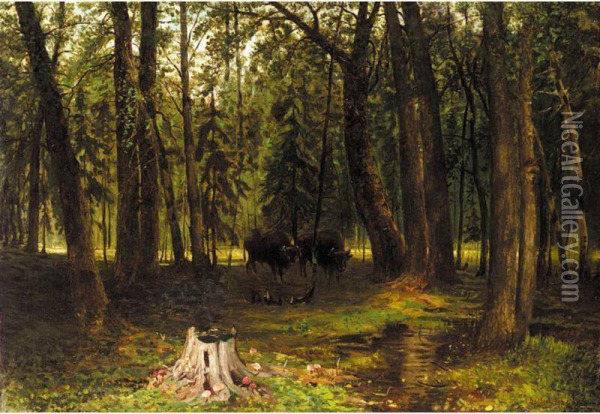 Bison In The Woods Oil Painting - Jakov Ivanovic Brovar