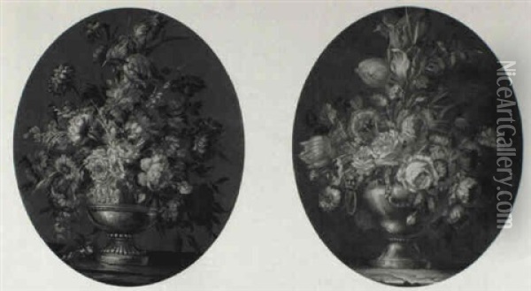 Still Life Of Tulips, Roses And Other Flowers In Gilt Urns Oil Painting - Jean-Baptiste Belin de Fontenay the Elder