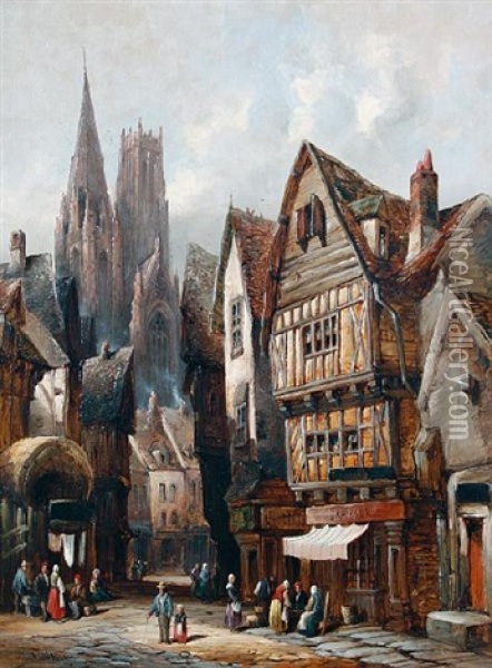 A Continental Town Scene Oil Painting - Henry Schafer