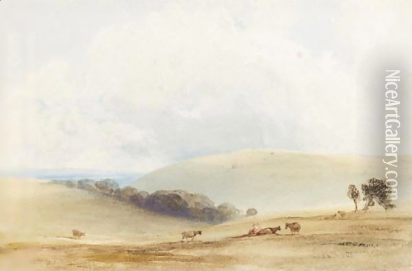 Cattle Grazing On The South Downs Oil Painting - Anthony Vandyke Copley Fielding