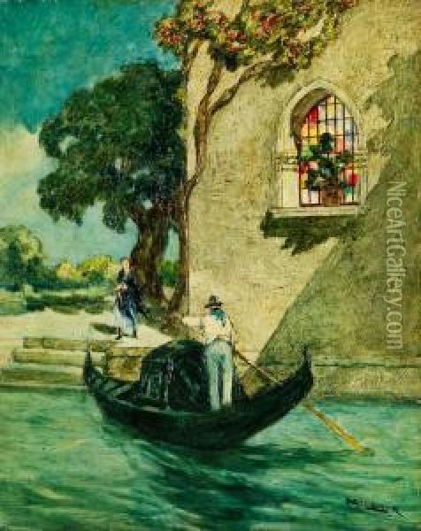 Gondoliere An Einem 
Venezianischenpalazzo, An Dessen Treppe Eine Dame Zum Einstieg Wartet Oil Painting - Rodolfo Paoletti