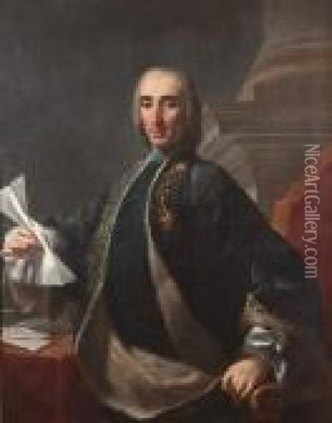 Portrait Of A Gentleman, Seated 
Half-length, At A Table, In A Dark Blue Ermine-trimmed Coat, Holding A 
Letter, Before A Column Oil Painting - Francesco de Mura