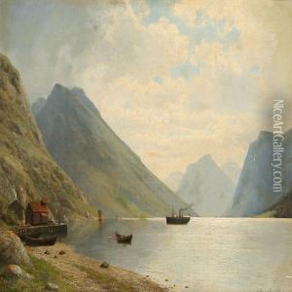 Fiord Scene On A Cloudy Summer Day Oil Painting - Georg Emil Libert
