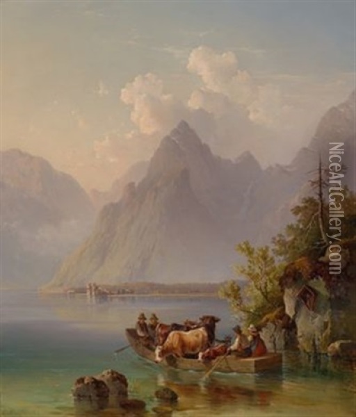 Die Uberfuhr Am Konigssee Oil Painting - Edmund Mahlknecht