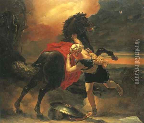 A turbanned soldier steadying a rearing horse frightened by a thunder storm Oil Painting - Henri Baudot