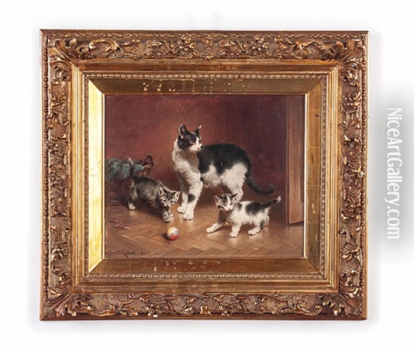 Katze Mit Ihren Spielenden Jungen Oil Painting - Carl Reichert