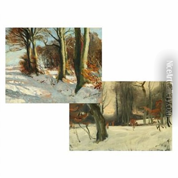 Winter Landscapes (2 Works) Oil Painting - Hans Mortensen Agersnap
