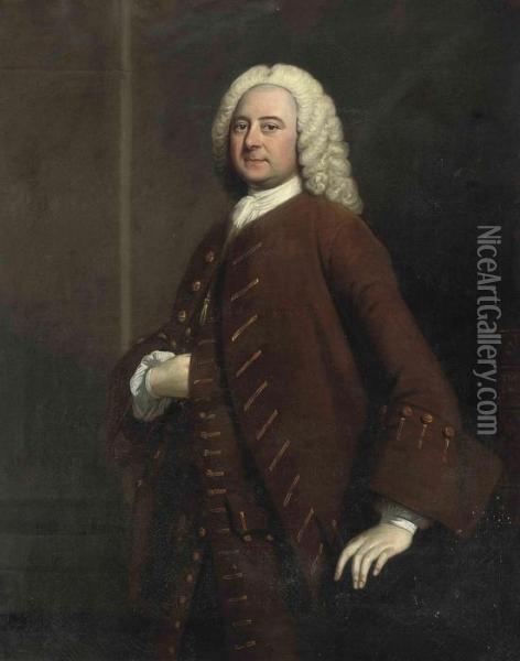Portrait Of A Gentleman, 
Three-quarter-length, In A Rust Coat Withgold Trim, In An Interior Oil Painting - Thomas Hudson