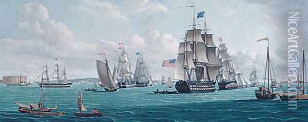 The U. S. Ship Franklin, with a View of the Bay of New York Oil Painting - Thomas Thompson