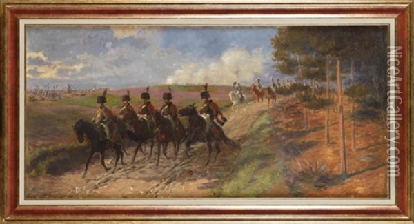 Napoleon Et Son Etat-major, Accompagnes Des Chasseurs A Cheval De La Garde Oil Painting - Louis Ferdinand Malespina