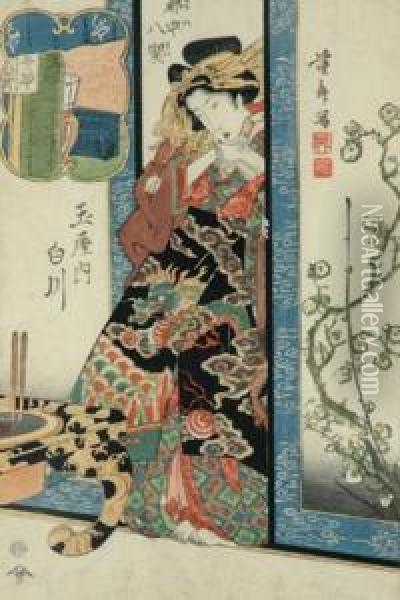 The Courtesan Shirakowa Of The House Tamaya Oil Painting - Keisai Eisen