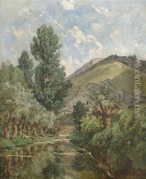 Sommerliches Flusstal Mit Festung Auf Einer Anhohe Oil Painting - Alexandre Rene Veron