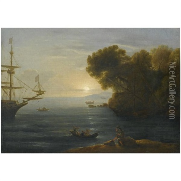 A Mediterranean Coastal Scene With An Artist Sketching In The Foreground Oil Painting - Claude Lorrain