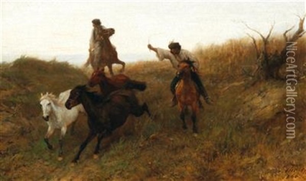 Hungarian Horsemen Oil Painting - Otto von Thoren