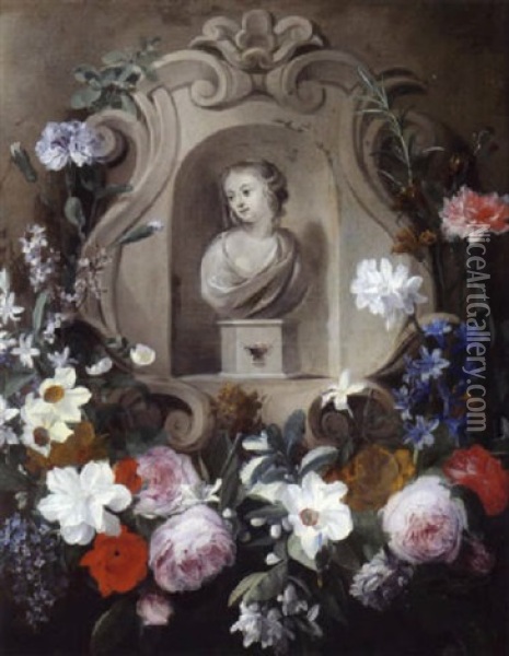 Eine Girlande Von Rosen, Nelken, Narzissen, Mohnblumen Und Andere Bluten Oil Painting - Jan van den Hecke the Elder