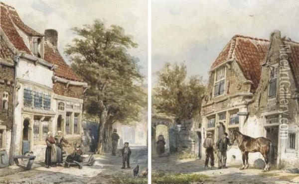Washerwomen In A Village Street; And Grooms With A Horse Oil Painting - Cornelis Springer