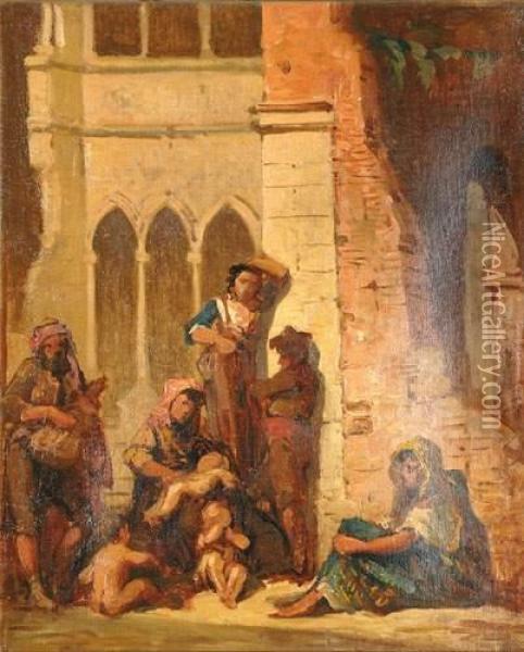 Mendiants Dans Des Ruines Oil Painting - Adrien de Boucherville
