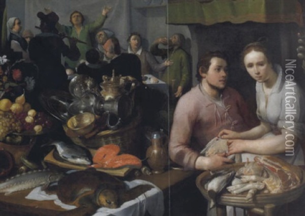 Frohliche Tischgesellschaft Mit Einer Kochin, Einem Geflugelhandler Und Einem Reichen Stilleben Oil Painting - Cornelis Cornelisz Van Haarlem