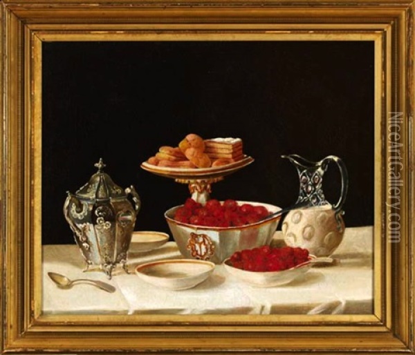 Still Life Berries, Cakes And Cream Oil Painting - John F. Francis