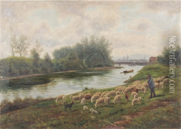 Schafer Mit Seiner Herde Am Neckar Vor Esslingen Oil Painting - Julius Kornbeck