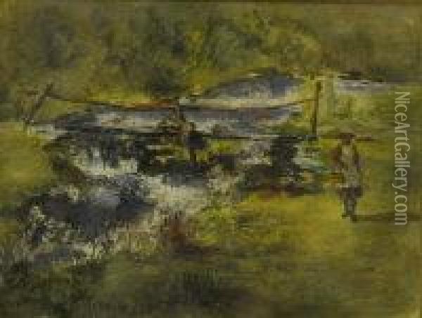 Riverside Landscape With Bridge And Girl Holding Basket Oil Painting - Christina Paterson Ross