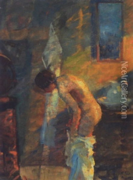 Interior Med Kvinde Der Vasker Sig Oil Painting - Mogens Gad