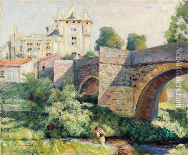 Pont Fortifie Devant Un Chateau La Monne A Murols Oil Painting - Victor Charreton