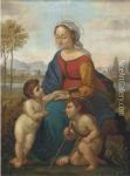 La Belle Jardiniere: The Madonna And Child With The Infant Saintjohn The Baptist Oil Painting - Raphael (Raffaello Sanzio of Urbino)