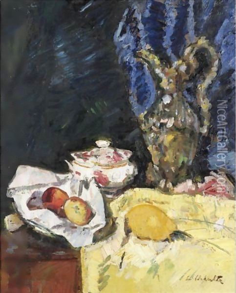 Still Life With Fruit, A Ewer And An Ecuelle On A Yellow Drape Oil Painting - George Leslie Hunter
