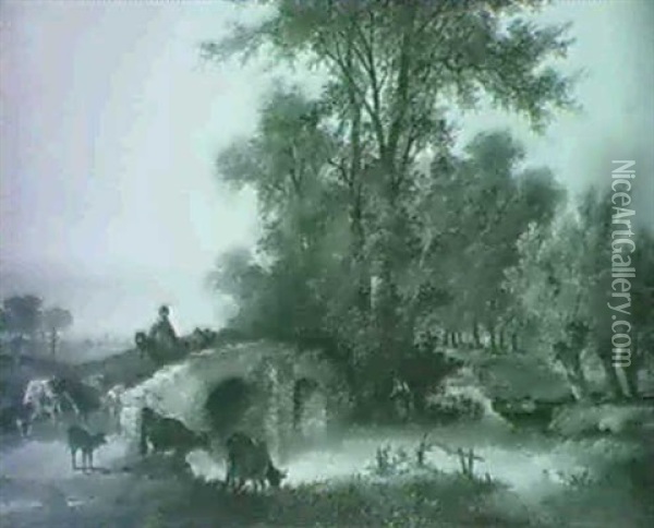 A Figure Crossing A Bridge On Horseback With Cattle In A Wooded River Landscape Oil Painting - Charles Shayer