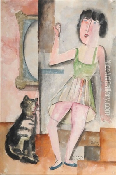 Girl And Cat Oil Painting - Jankel Adler