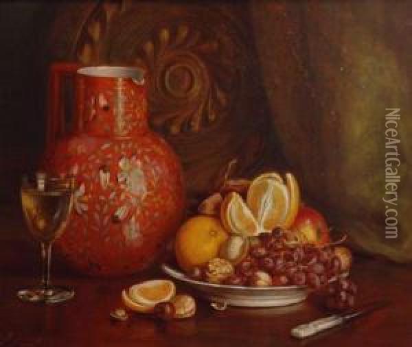 Still Life With Fruit, Nuts And Glasswear Oil Painting - August Laux
