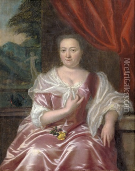 Bildnis Einer Dame In Rosafarbenem Seidenkleid Vor Einer Landschaft Oil Painting - Philip van Dyk