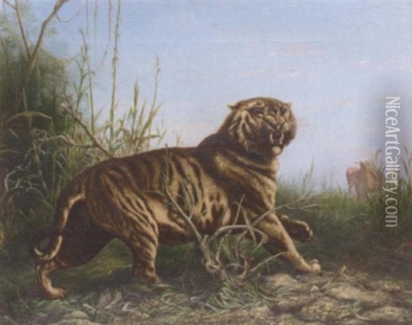 At Bay, A Sabre Tooth Tiger Oil Painting - John Fitz Marshall
