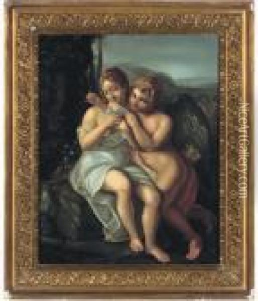 Cupid And A Maiden Oil Painting - Raphael (Raffaello Sanzio of Urbino)