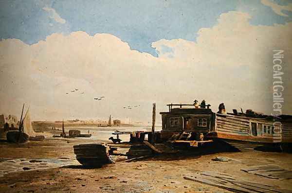 A Coopers Barge on the Thames, London Oil Painting - John Varley