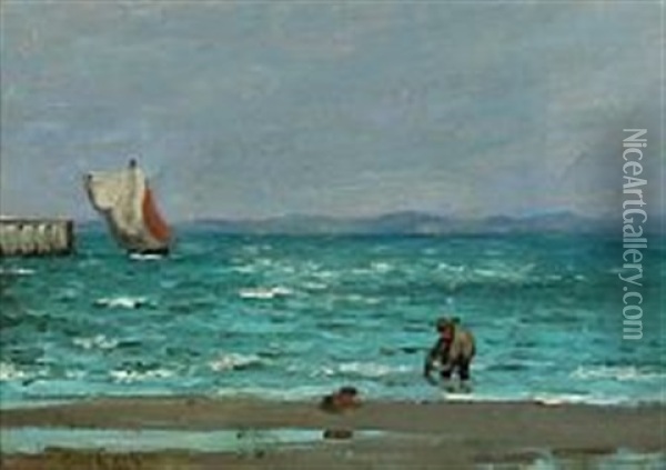 Coastal Scenery With A Fisherman Oil Painting - Carl Ludvig Thilson Locher