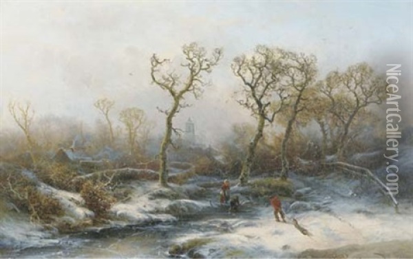 Gathering Wood In Winter Oil Painting - Pieter Lodewijk Francisco Kluyver