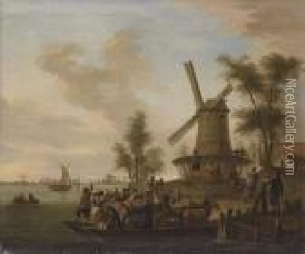 River Landscape With A Ferry And A Windmill Oil Painting - Franz Ferg