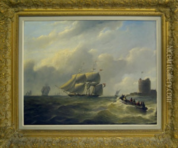 Frigate Off A Fortified Headland With Figures In A Dinghy Oil Painting - Christian Cornelis Kannemans