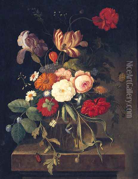 Summer Flowers In A Vase On A Ledge Oil Painting - German School